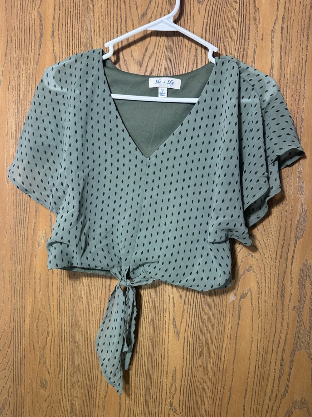 She + Sky Sage Green Tie-Front V-Neck Blouse with Black Dot Print